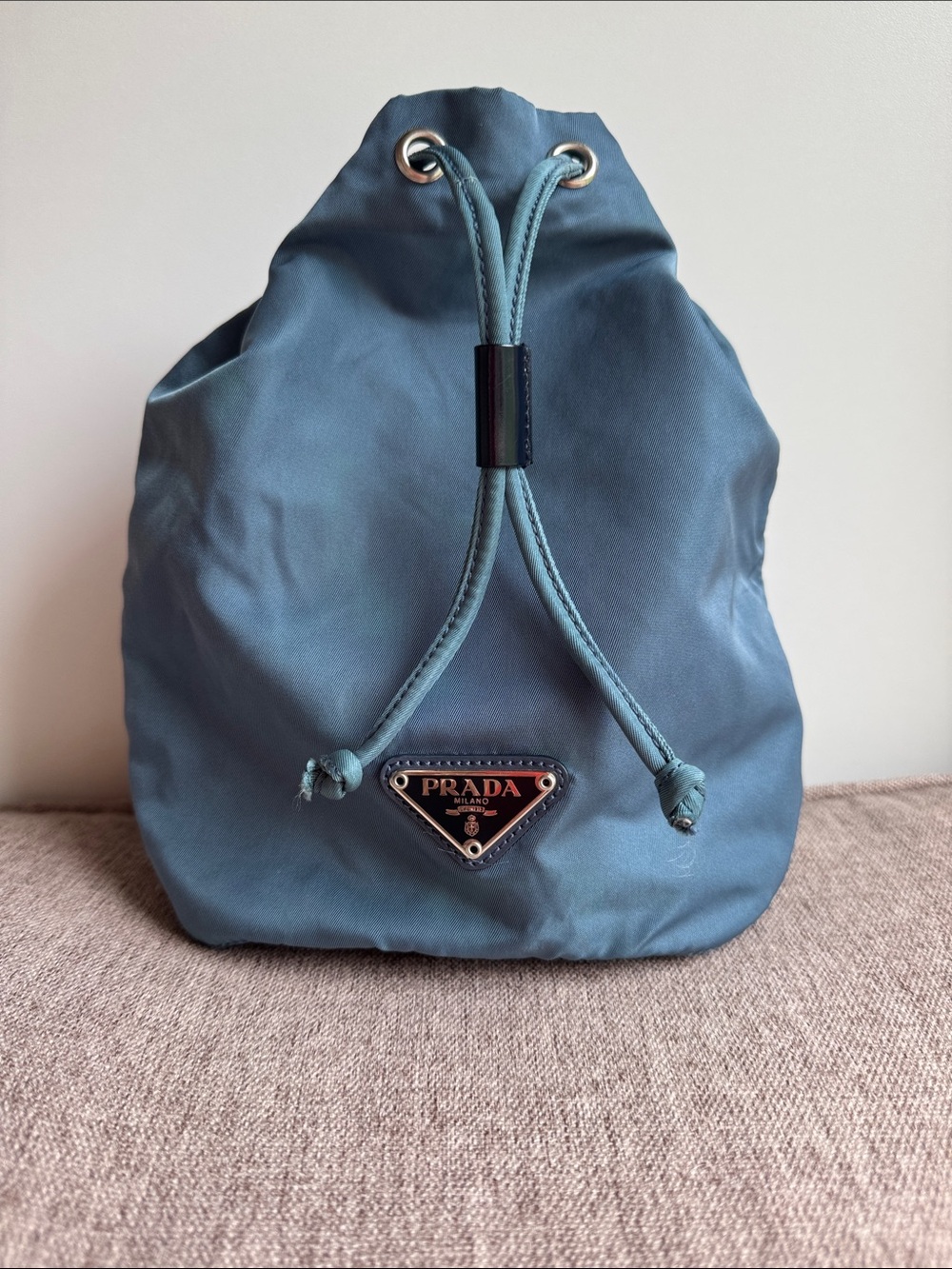 PRADA Triangle Logo Nylon Leather Drawstring Pouch Dusty Blue 1N0369